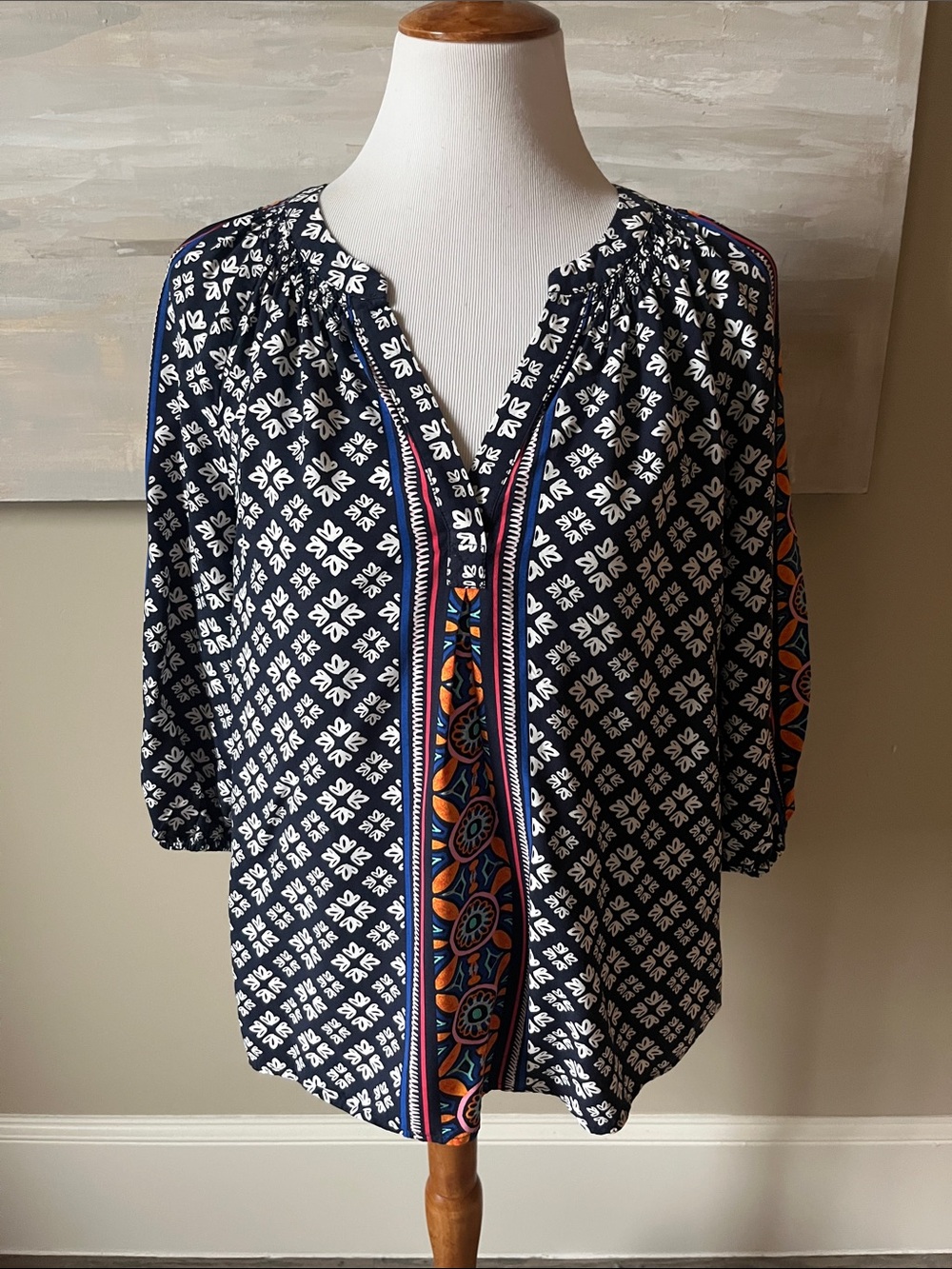 Crown & Ivy navy and white blouse with colorful accents